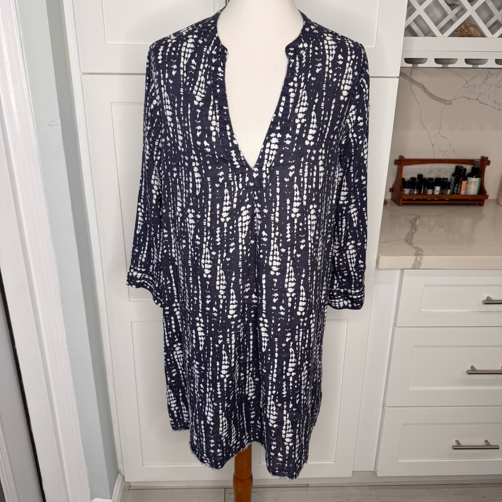 Garnet Hill Women’s L Relaxed-Linen Beach Dress Raw-Edge Hem 3/4 Sleeve